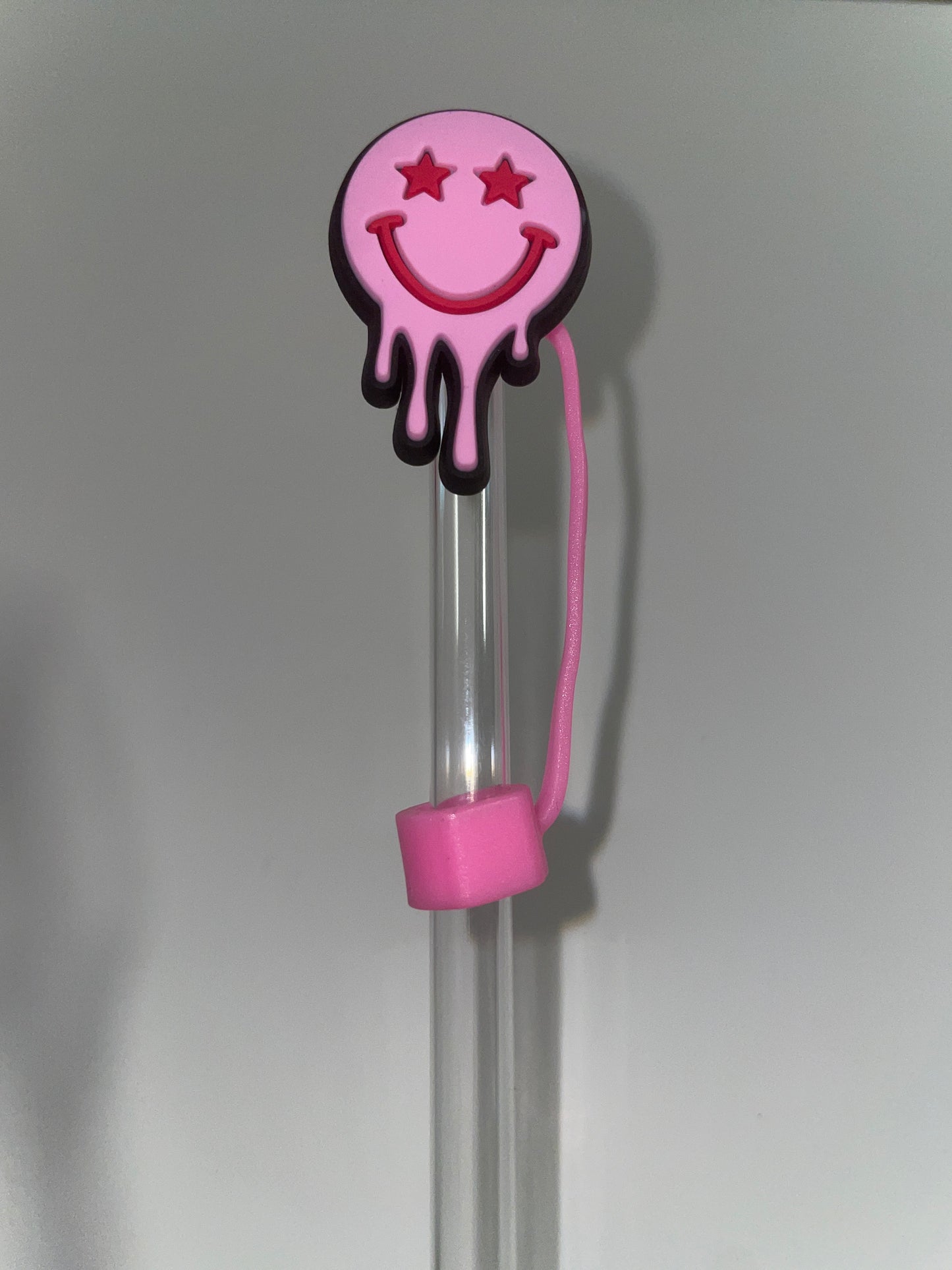 Drip pink smiley face straw topper