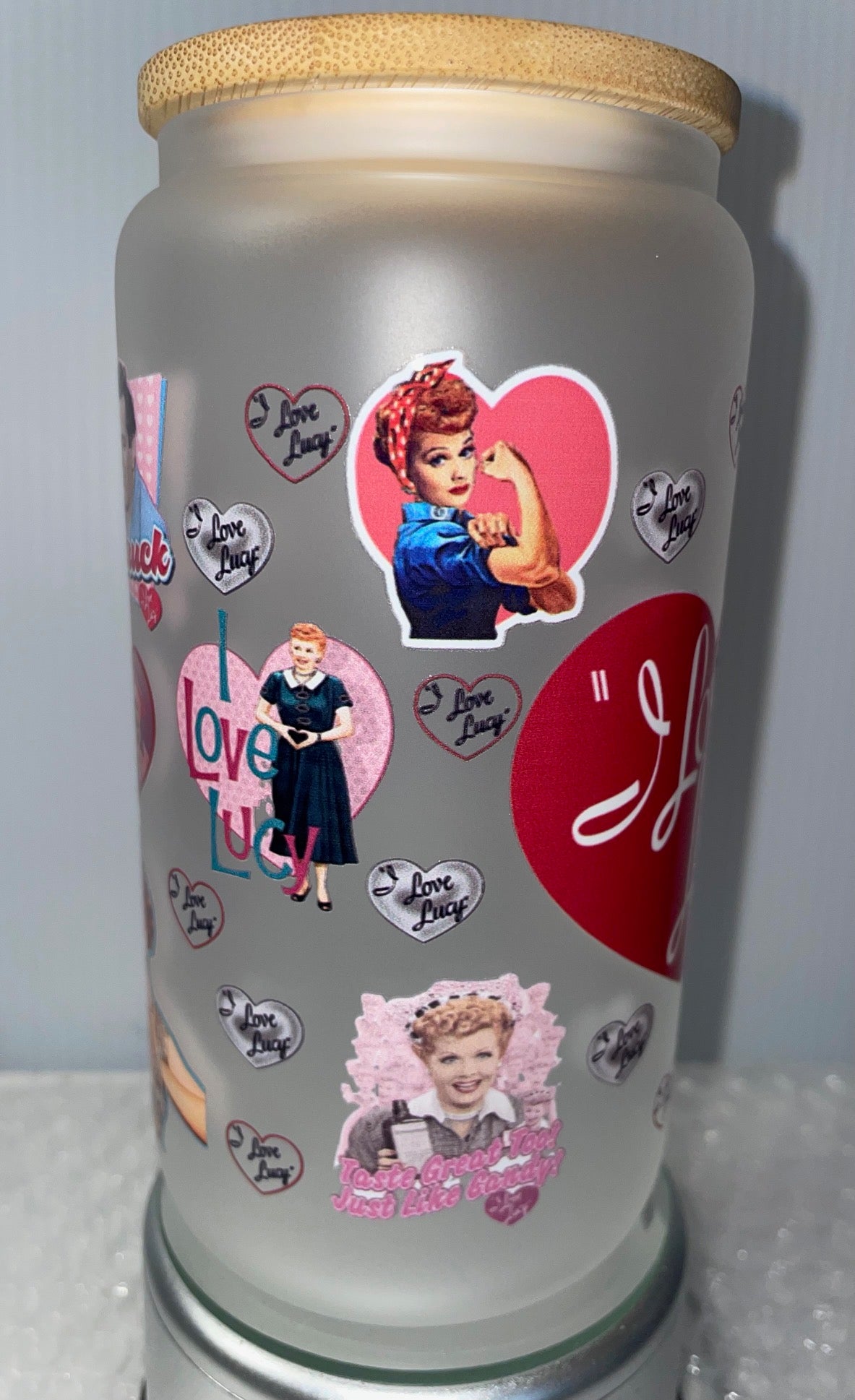 I Love Lucy 16oz Frosted glass cup with Bamboo lid