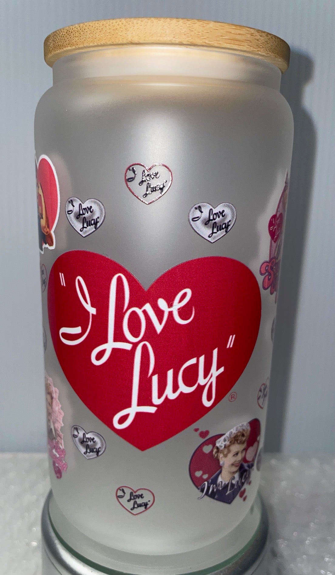 I Love Lucy 16oz Frosted glass cup with Bamboo lid