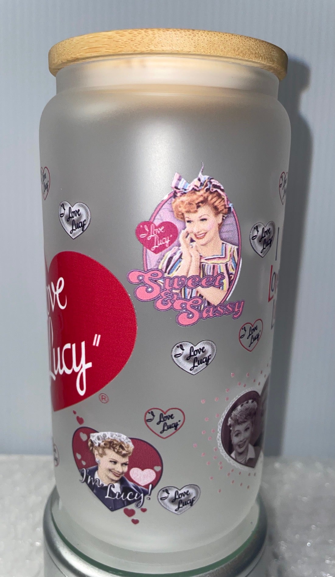 I Love Lucy 16oz Frosted glass cup with Bamboo lid