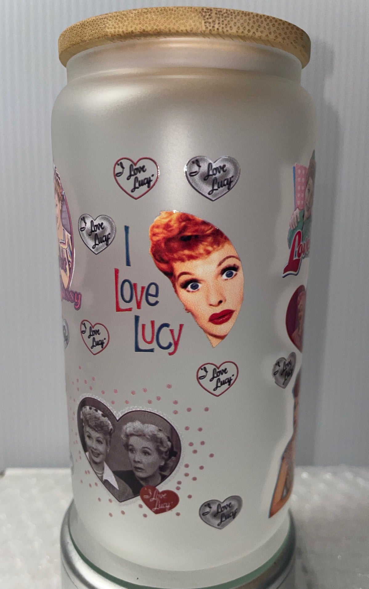 I Love Lucy 16oz Frosted glass cup with Bamboo lid