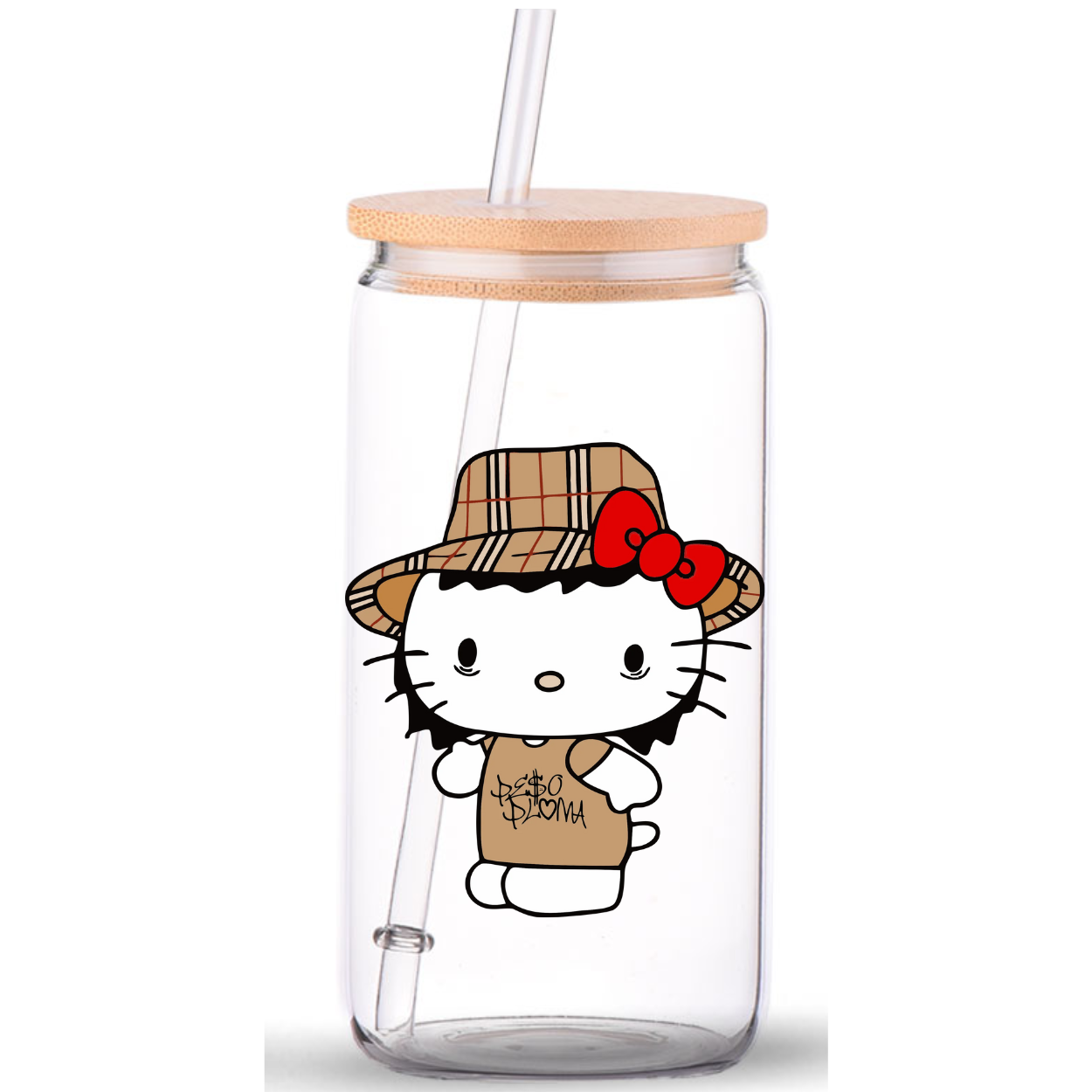 Peso Pluma Kitty 16oz clear libbey drinking glass w/Bamboo lid and straw